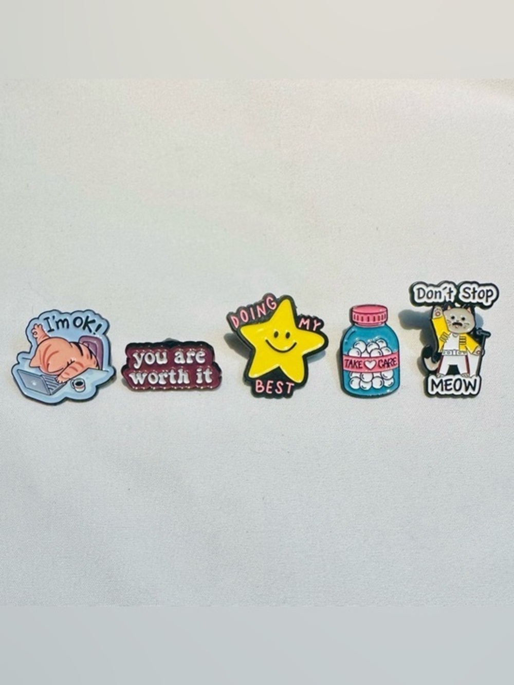 Self Care Enamel Pin Bundle 🌟 Cute Motivational Cat Star Pins (5)